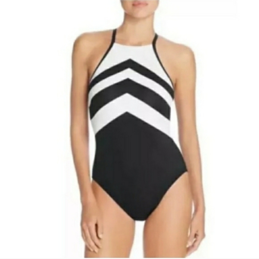 Lauren Ralph Lauren Chevron Hi-Neck One Piece Swimsuit Size 12 Resortwear Beachy